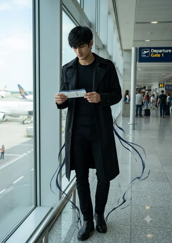 Real-life Sung Jin-Woo waiting at an airport terminal with signature black hairstyle, black trench coat, and subtle blue shadow aura generated using Gemini AI.