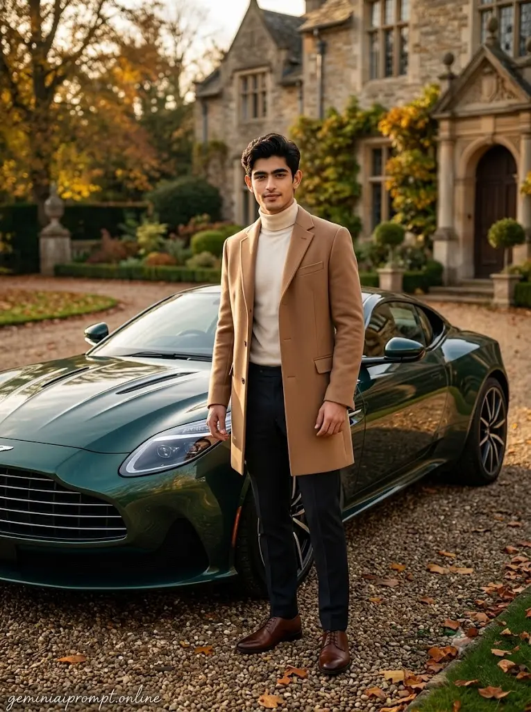 Cinematic Aston Martin DB12 luxury estate portrait of a fashionable boy with elegant autumn scenery and premium lifestyle photography.