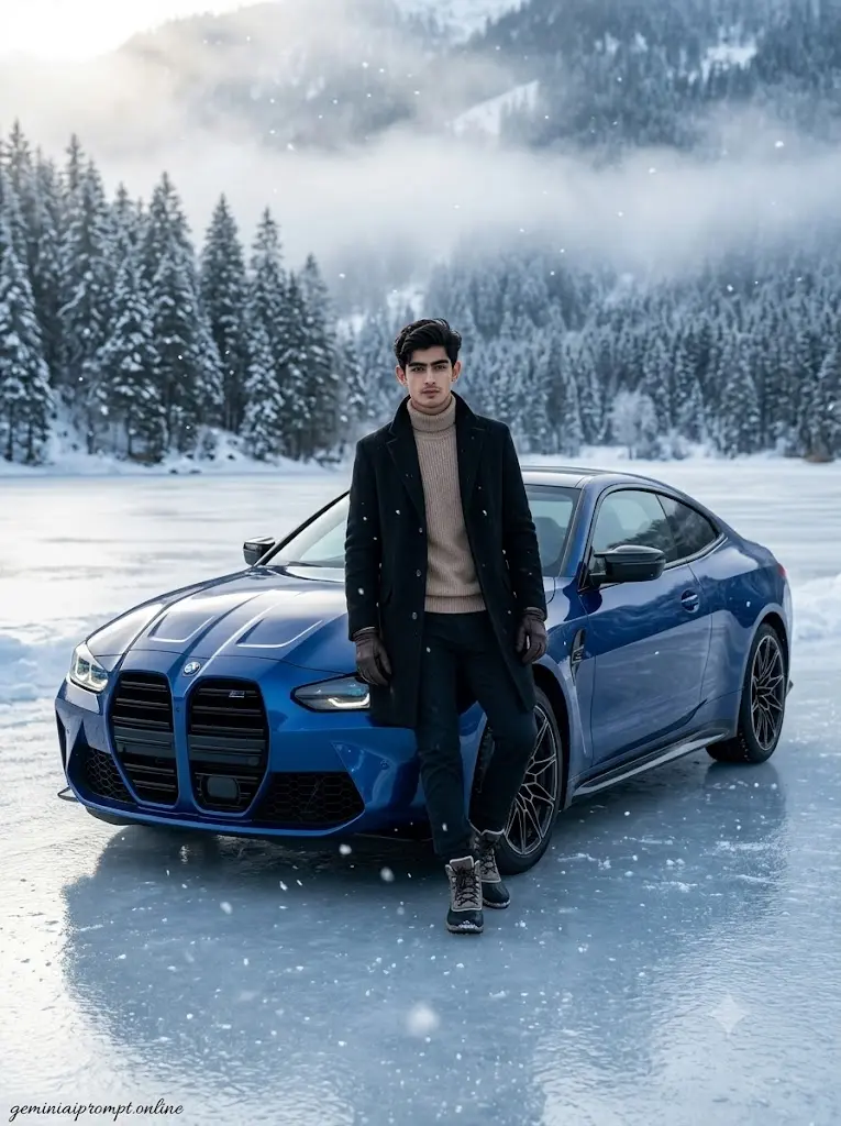 Luxury BMW M4 Competition winter portrait of a stylish boy on a frozen lake with snowy mountain landscape and premium automotive style.