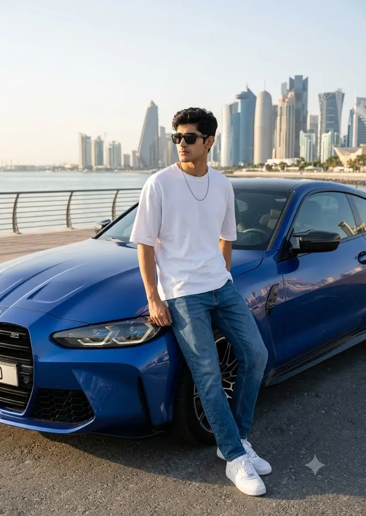 BMW M4 Competition Gemini AI image showing a stylish boy posing beside a blue sports car near a waterfront.