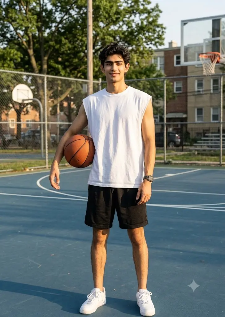 Realistic Gemini basketball court portrait of a sporty boy holding a basketball on an outdoor court in daylight.