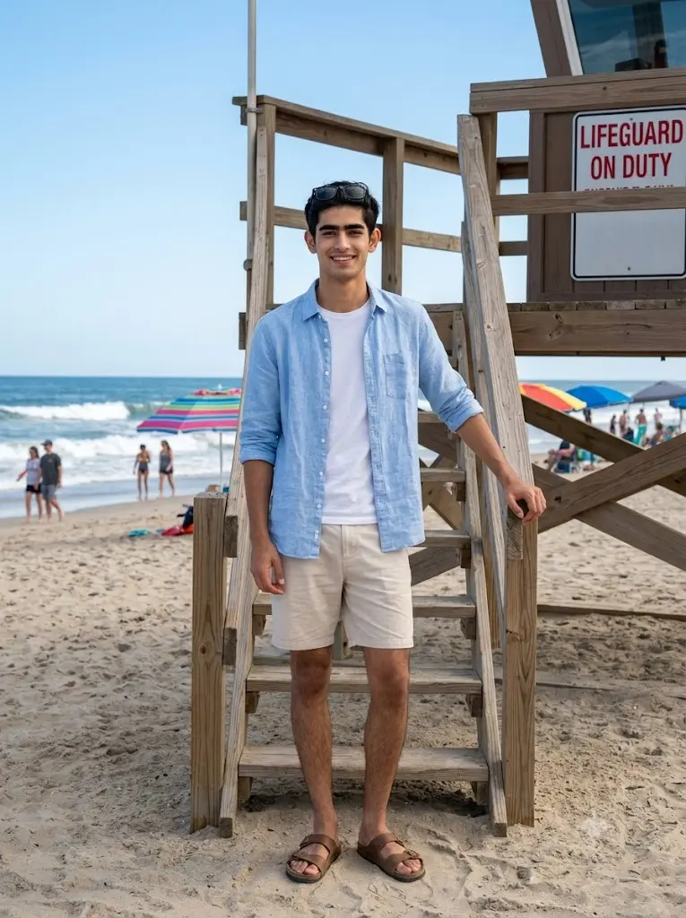 Realistic Gemini AI beach portrait of a man standing beside a lifeguard tower with a sunny coastal backdrop.