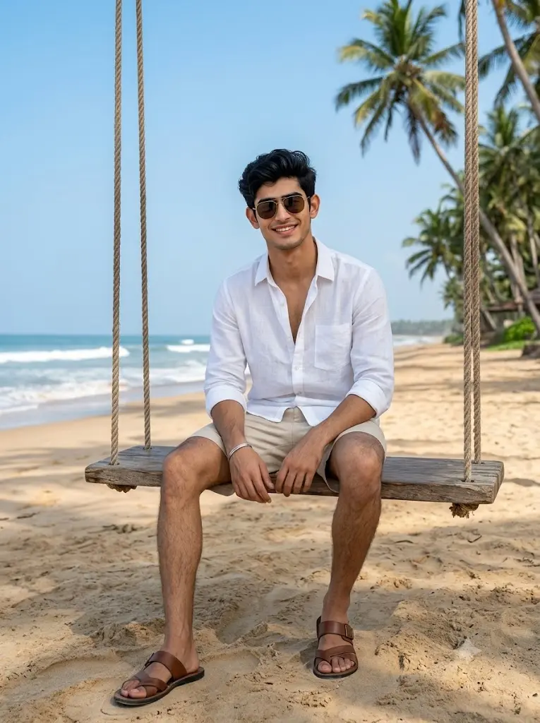 Relaxed beach swing portrait of a man with palm trees and ocean created using a Gemini AI beach prompt.