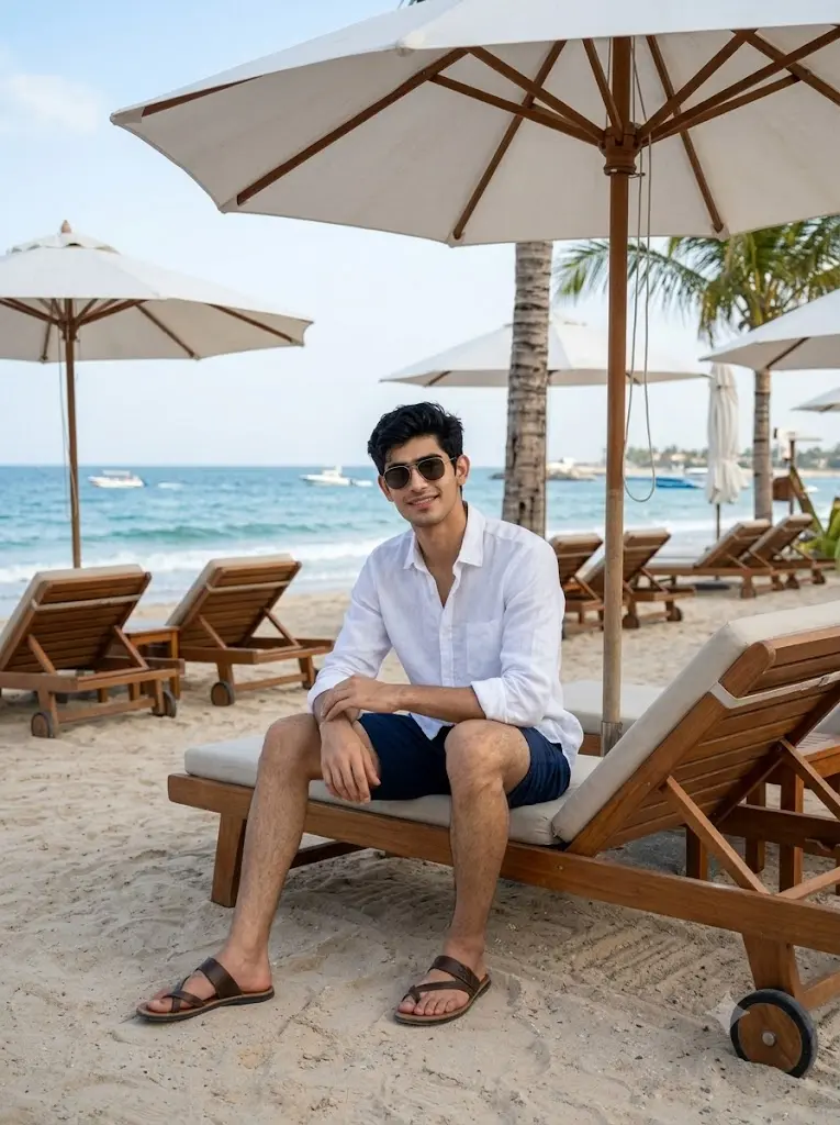 Luxury beach umbrella portrait of a man relaxing by the ocean generated using a realistic Gemini AI prompt.