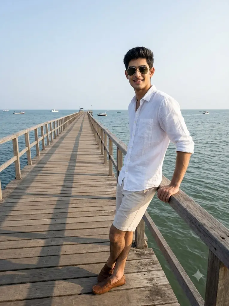 Realistic Gemini AI photo of a man standing on a wooden beach pier overlooking the sea in natural daylight.