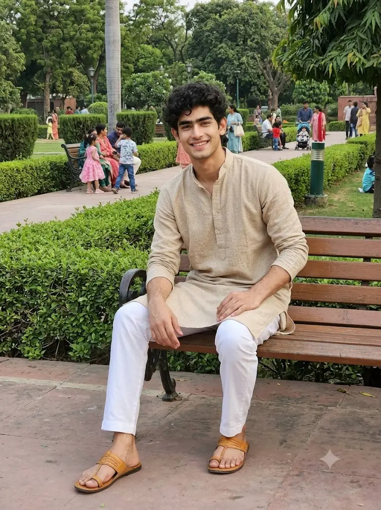 Man sitting on a park bench wearing a beige kurta in a realistic Gemini AI photo editing scene.