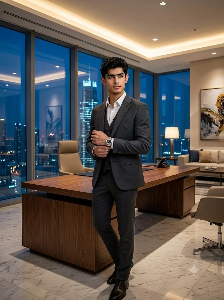 A young man in a dark grey suit adjusts his watch in a luxury high-rise office at night with a city view.