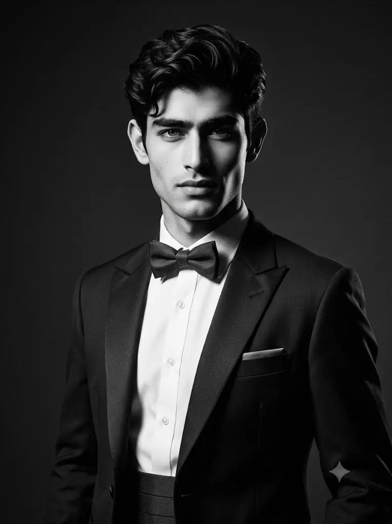 A black and white portrait photograph of a dapper young man with dark, wavy hair and a strong jawline, wearing a tailored tuxedo with a dark bow tie and a textured cummerbund against a dark, moody background.