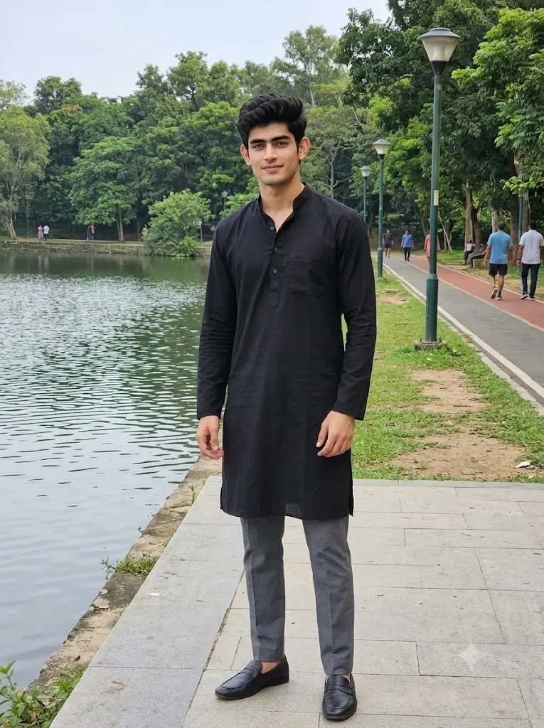 Realistic black kurta portrait of a man beside a lakeside walkway generated with a Gemini AI prompt.