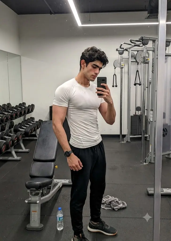 Chest day gym selfie featuring a fit boy in a white compression t-shirt with realistic workout pump generated by Gemini AI.