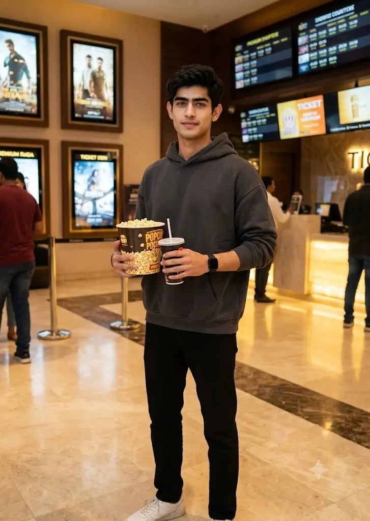 Realistic Gemini cinema lobby portrait of a fashionable boy holding popcorn inside a modern multiplex theater