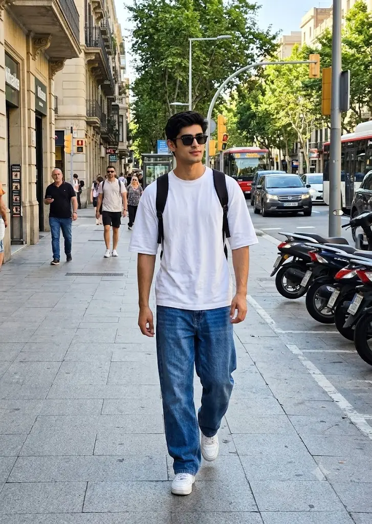 Gemini AI city street portrait of a stylish boy walking on a busy footpath with realistic urban background.