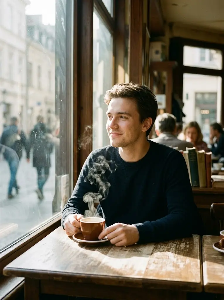 A young man with a slight smile sits by a large window in a sunlit café, holding a steaming cup of coffee and looking outside.