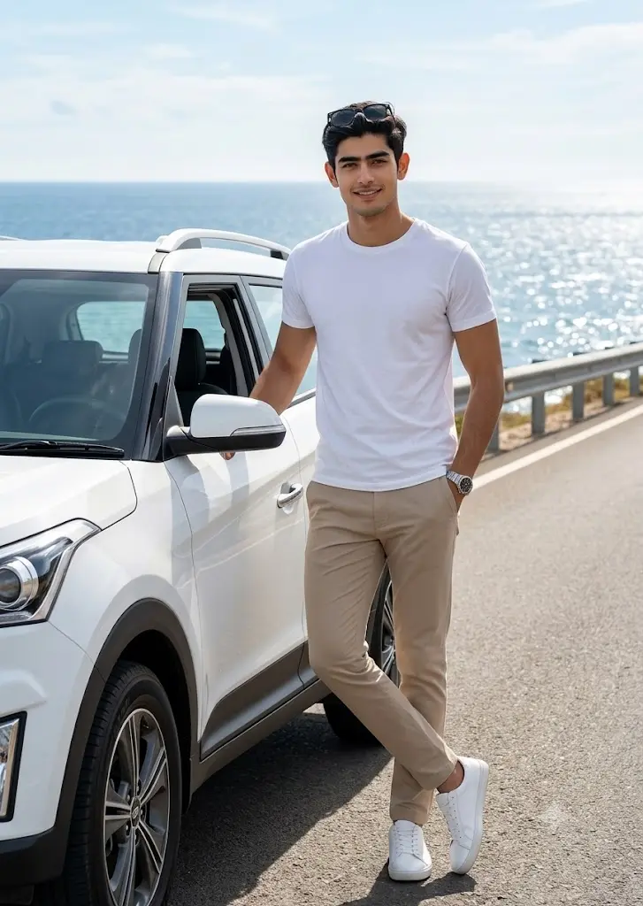 Hyundai Creta Gemini AI portrait of a fashionable boy beside a luxury sports car on a coastal road.