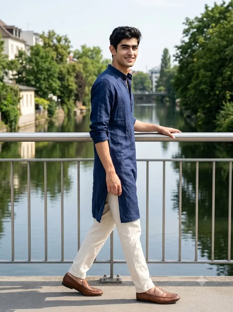 Natural portrait of a man in a navy blue kurta walking across a pedestrian bridge using Gemini AI.