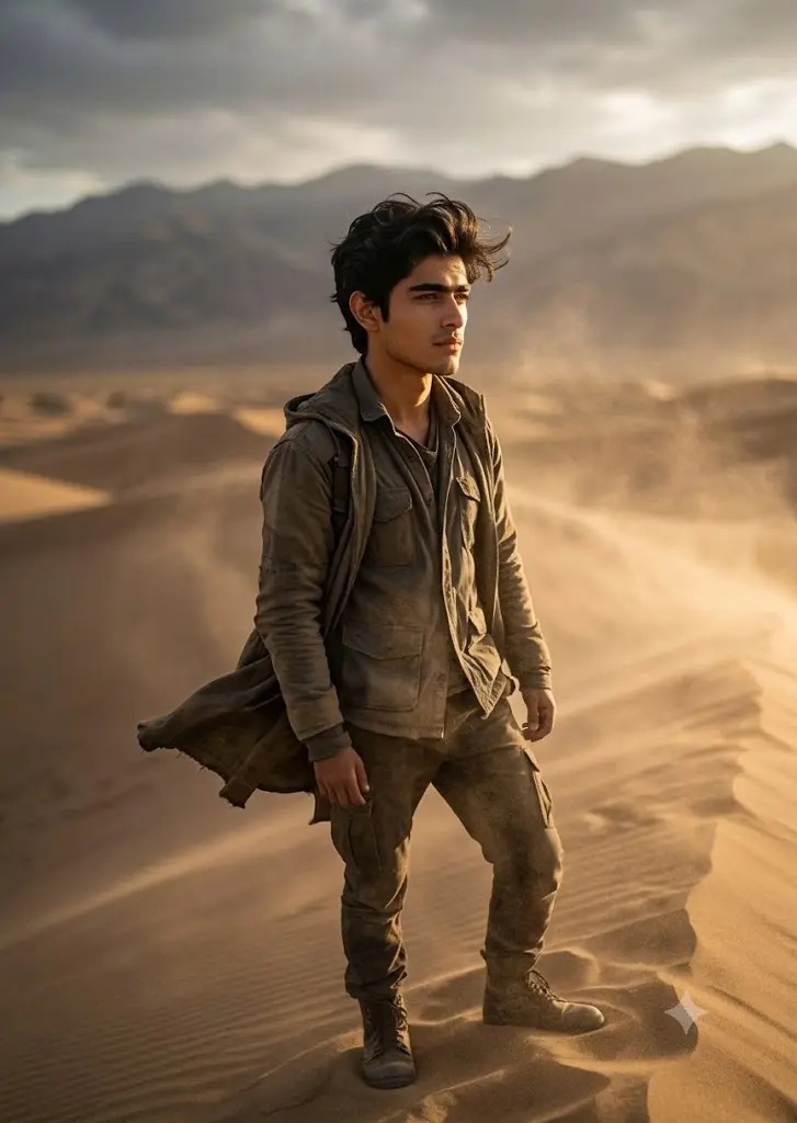 A young man in rugged, layered olive clothing stands wind-swept on a sand dune, looking over a vast desert and distant mountain range.