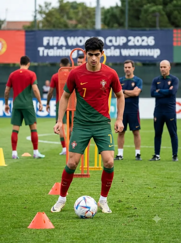 Realistic Portugal football training session AI image with user controlling the ball in official number 7 World Cup jersey.