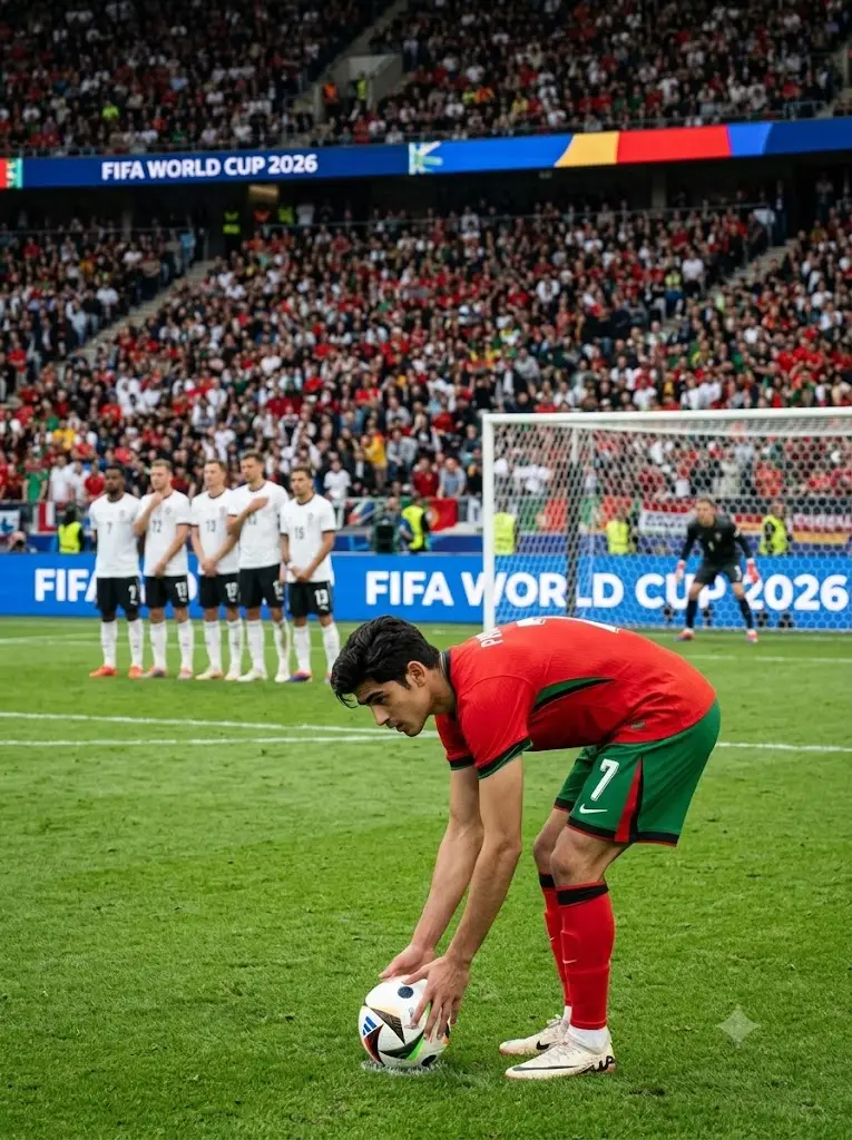 FIFA World Cup 2026 Portugal free kick AI photo featuring user in authentic number 7 jersey preparing to score.