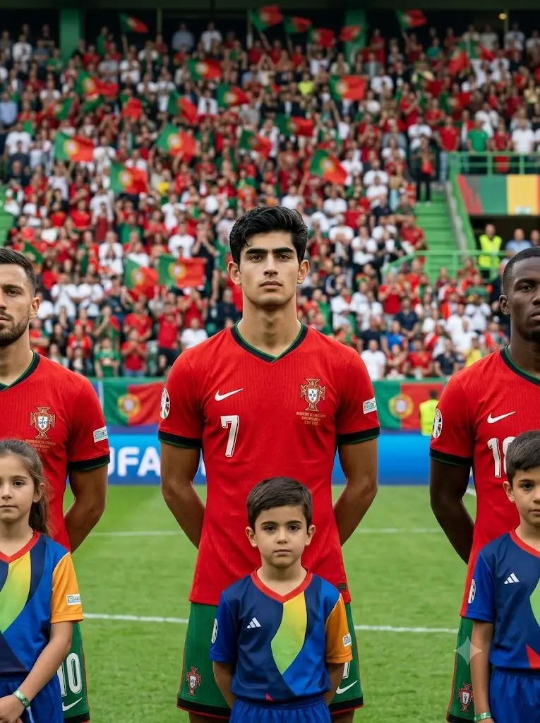 Gemini AI generated Portugal national team lineup photo wearing official number 7 jersey at FIFA World Cup 2026.