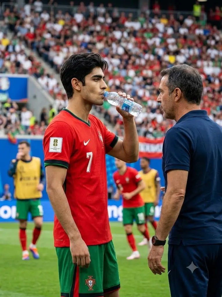 Gemini AI Portugal football sideline portrait with user in official number 7 jersey before FIFA World Cup 2026 kickoff.
