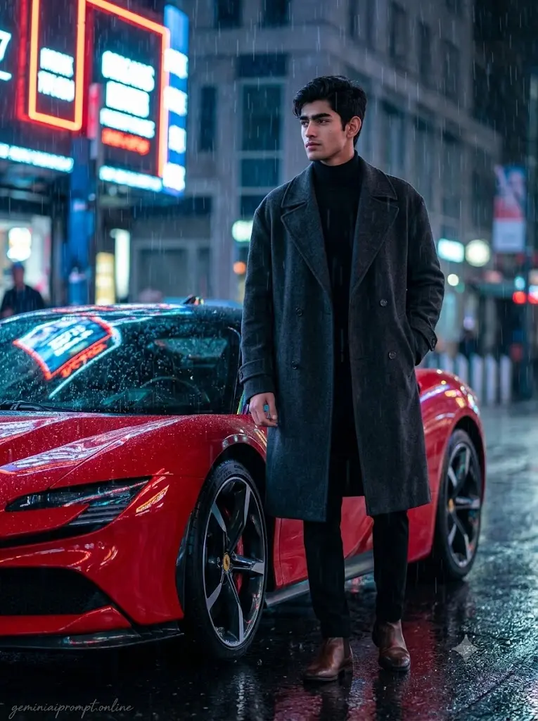 Luxury Ferrari SF90 Stradale portrait of a stylish boy on a rainy neon city street with cinematic automotive photography.
