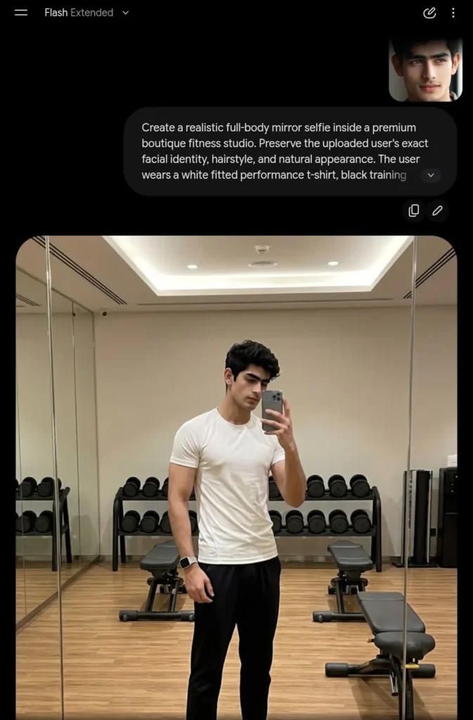 This screenshot shows how Gemini creates a realistic Gemini gym Selfie photo from a face image 