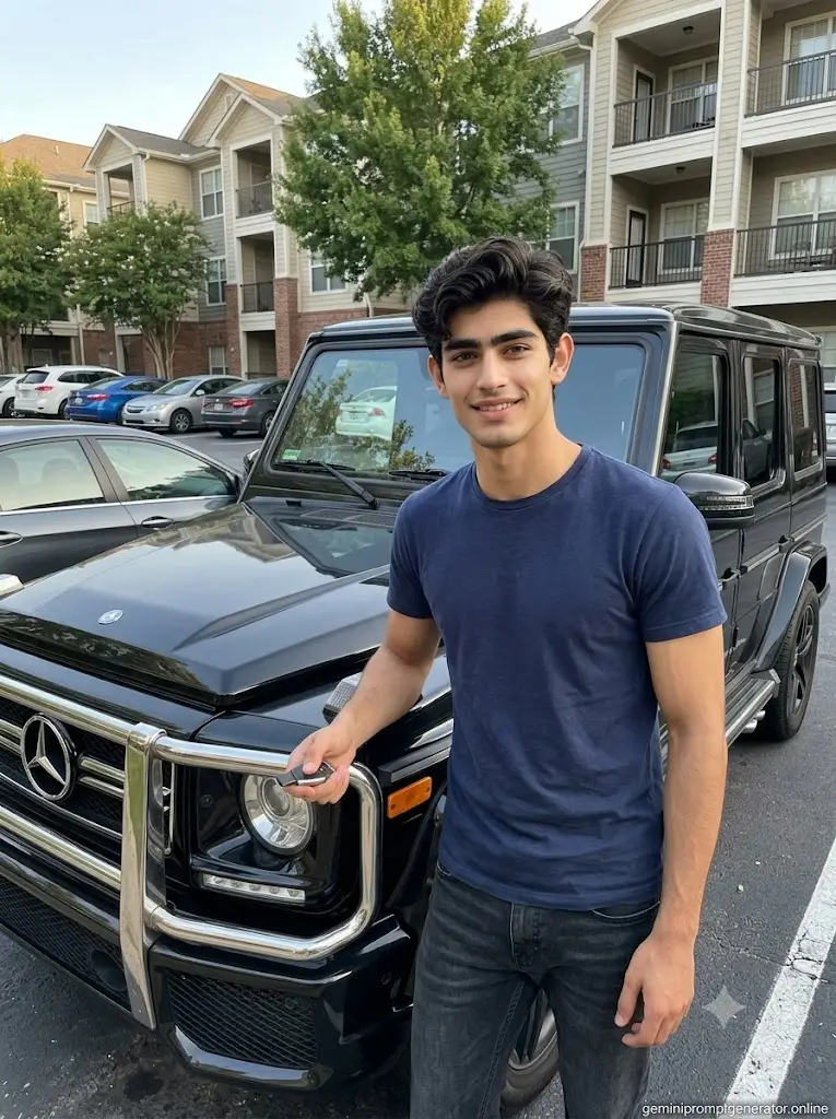 Realistic luxury SUV portrait featuring a black Mercedes G-Wagon in an apartment complex parking area using a Gemini AI prompt.