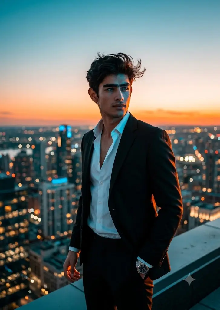 A confident young man in an open-collared black suit stands on a luxury penthouse rooftop overlooking a glowing, blurred city skyline at sunset.
