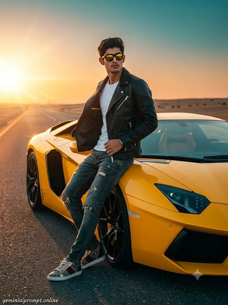 Cinematic Lamborghini Aventador photo of a fashionable boy on a desert highway at golden hour with luxury sports car vibes.