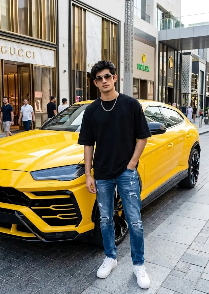 Lamborghini Urus Gemini AI photo editing prompt showing a stylish man outside a luxury shopping district.