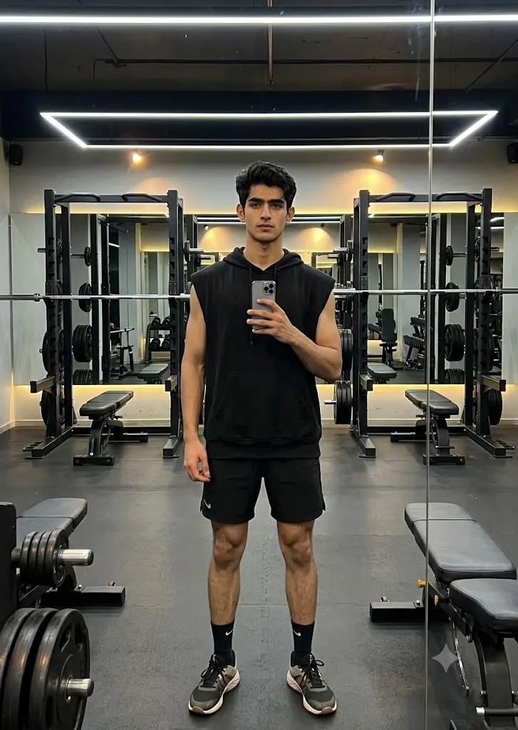 Late-night gym mirror selfie of a muscular boy wearing an oversized sleeveless hoodie created using Gemini AI prompts.