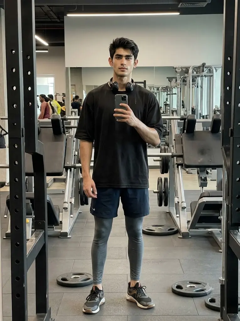 Leg day gym mirror selfie of a fitness boy in oversized workout clothes with realistic Gemini AI gym aesthetics.