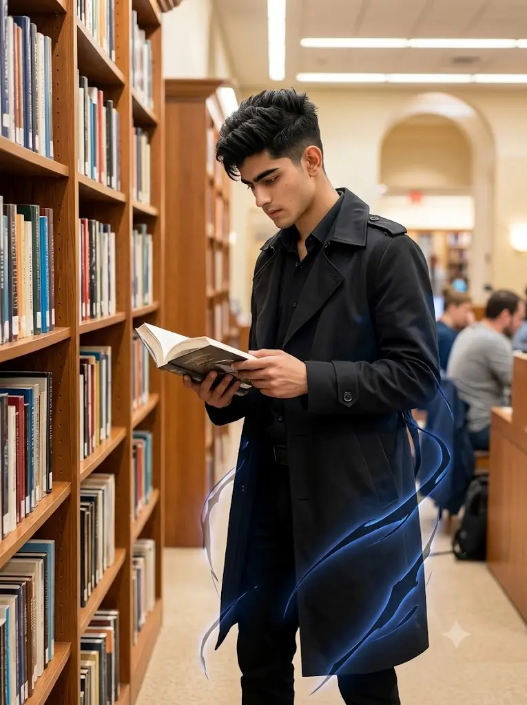 Live-action Sung Jin-Woo standing in a modern library wearing his iconic black outfit and Solo Leveling hairstyle with faint shadow energy effects.