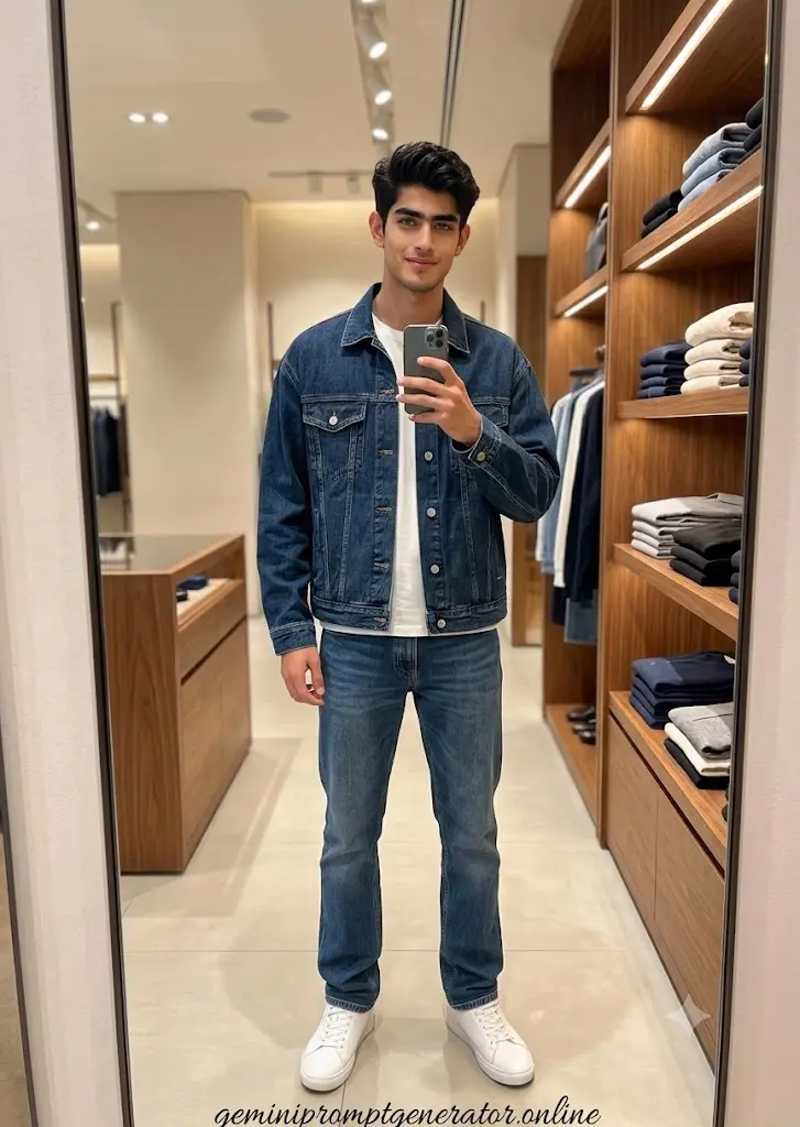 Luxury clothing store mirror selfie of a fashionable boy wearing denim streetwear generated by Gemini AI.