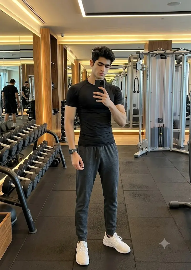 Luxury gym mirror selfie of a stylish boy in a black compression t-shirt captured with realistic Gemini AI fitness photo editing.