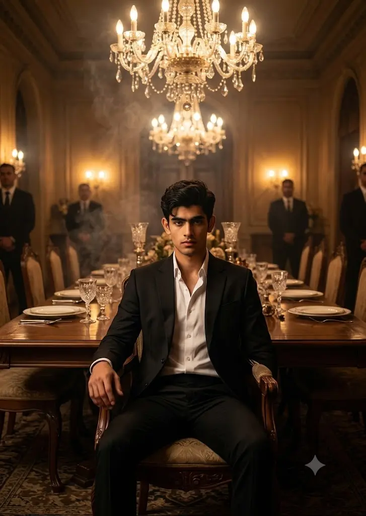 A man in a dark suit sits confidently at the head of a long, formal dining table under crystal chandeliers, with four bodyguards blurred in the background.