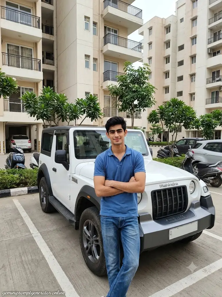 Luxury Mahindra Thar portrait in an apartment parking area created with a realistic Gemini AI photo editing prompt.