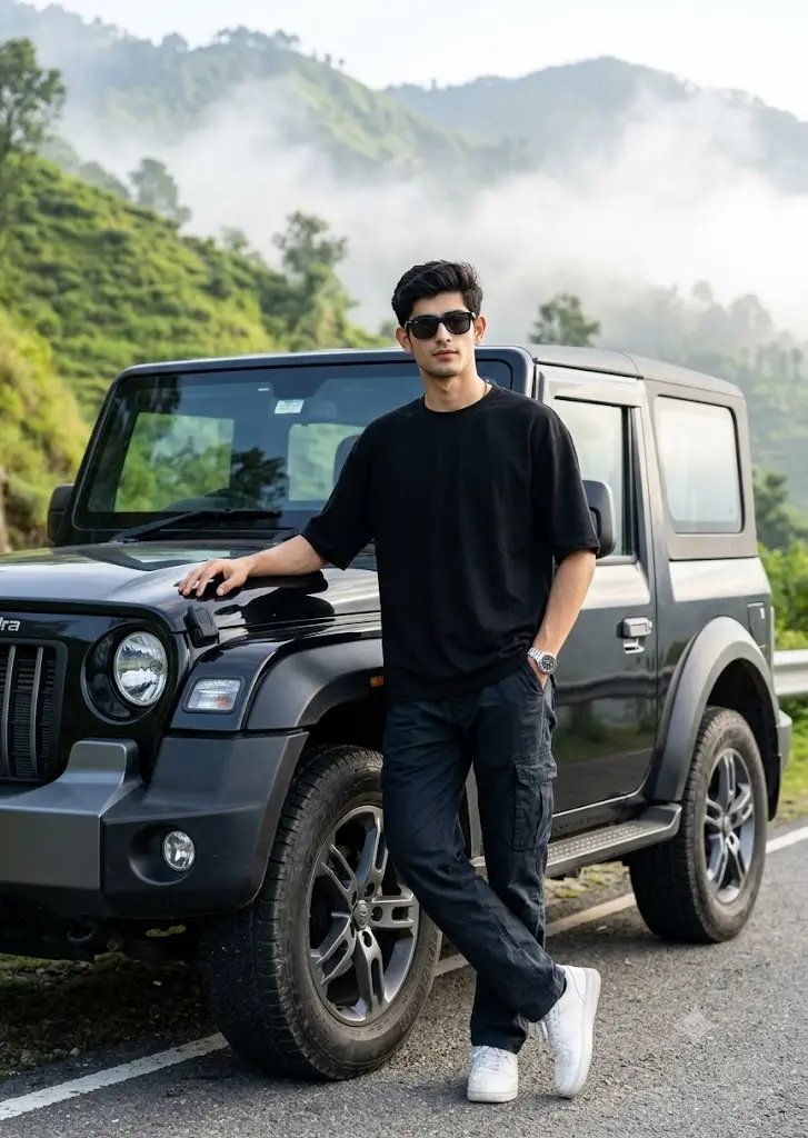 Realistic Mahindra Thar Gemini AI photo of a stylish man posing beside a black Thar on a scenic mountain road.