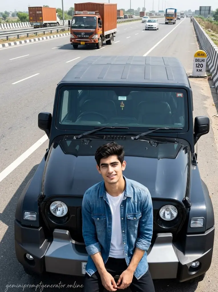 Realistic Mahindra Thar roadside highway portrait of a stylish man generated using a Gemini AI prompt.