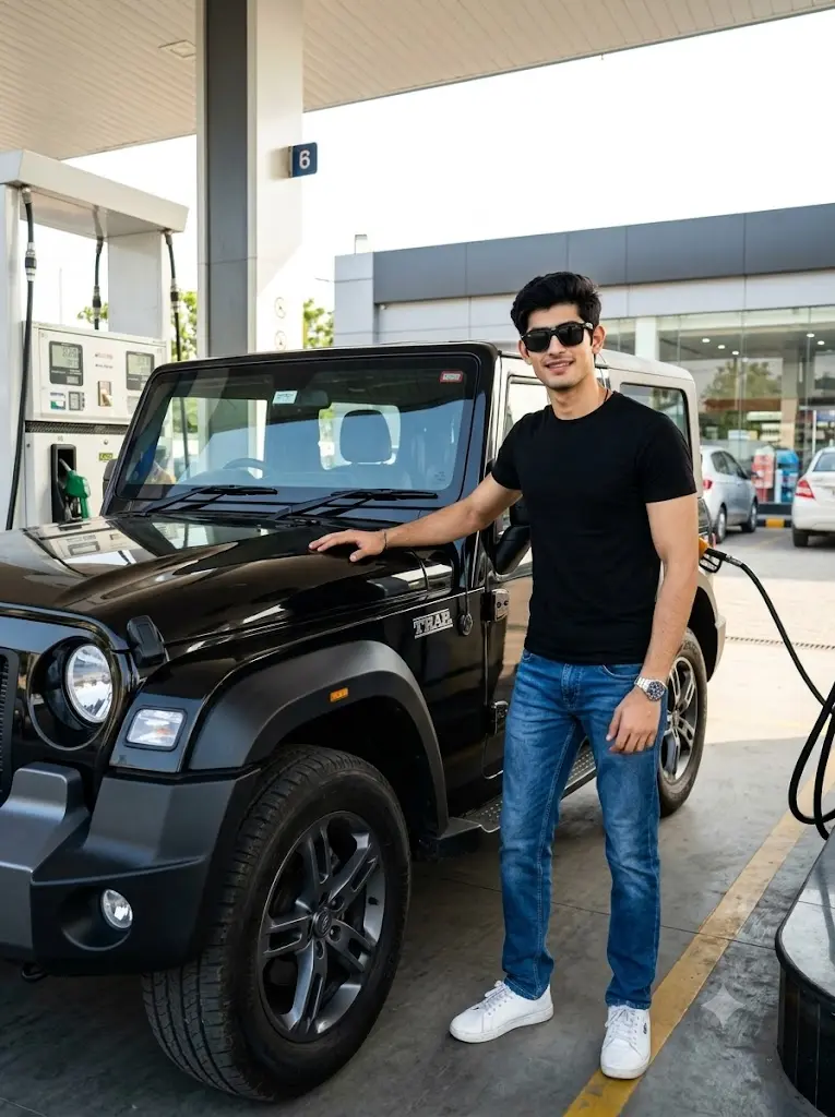 Realistic Mahindra Thar AI photo of a stylish man at a petrol station created using a Gemini AI photo editing prompt.
