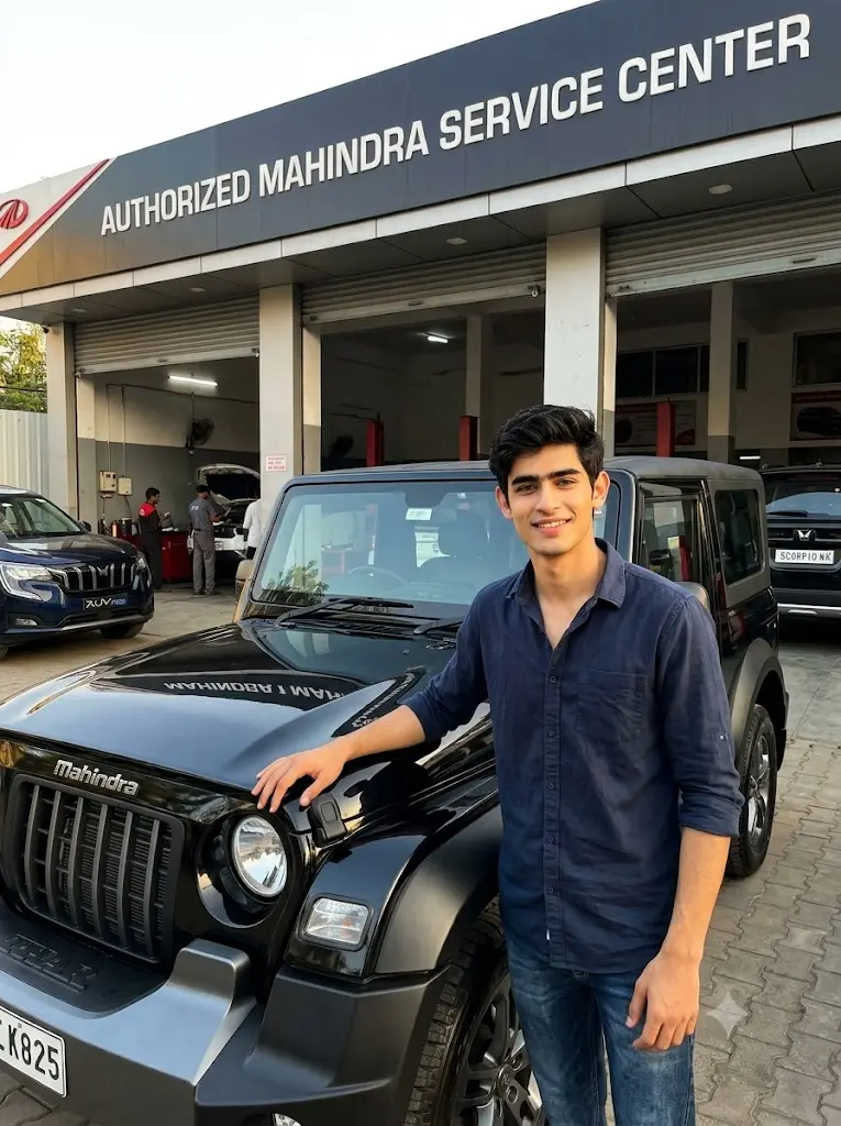 Freshly washed Mahindra Thar at an authorized service center with a realistic male portrait generated using a Gemini AI photo editing prompt.