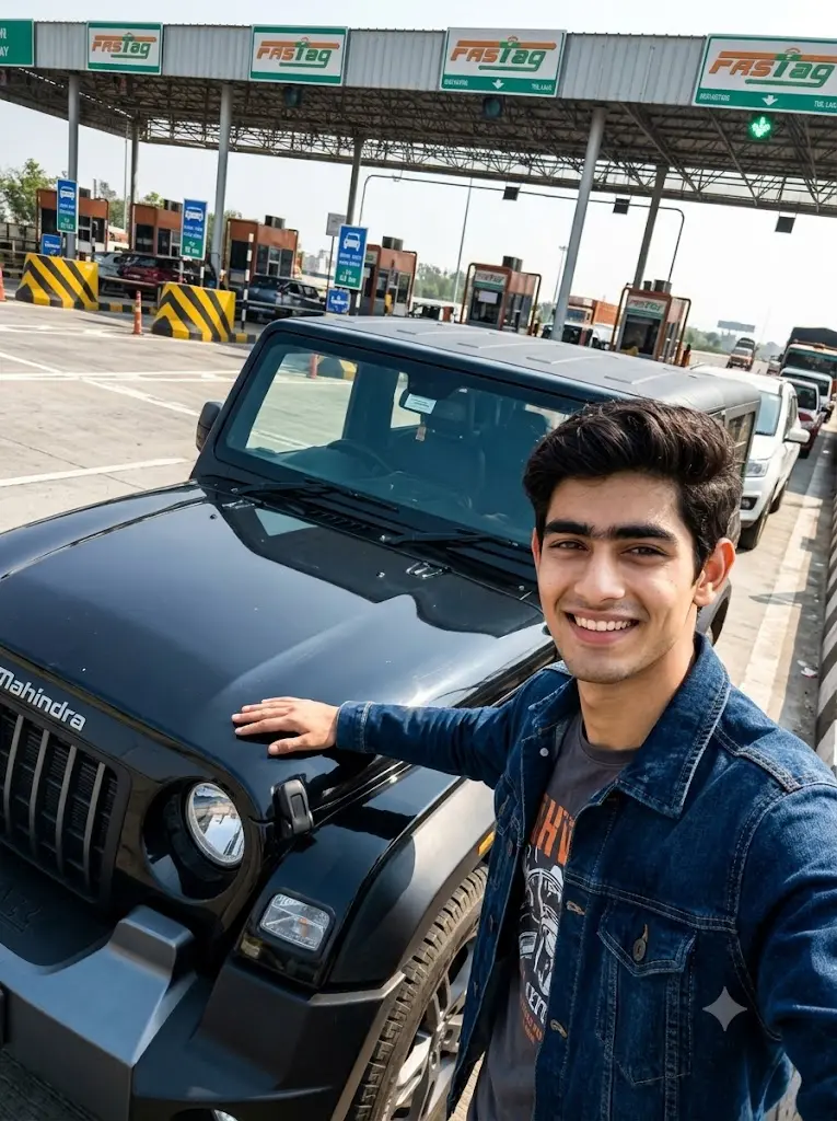 Realistic Mahindra Thar photo at a highway toll plaza with a fashionable male generated using Gemini AI.