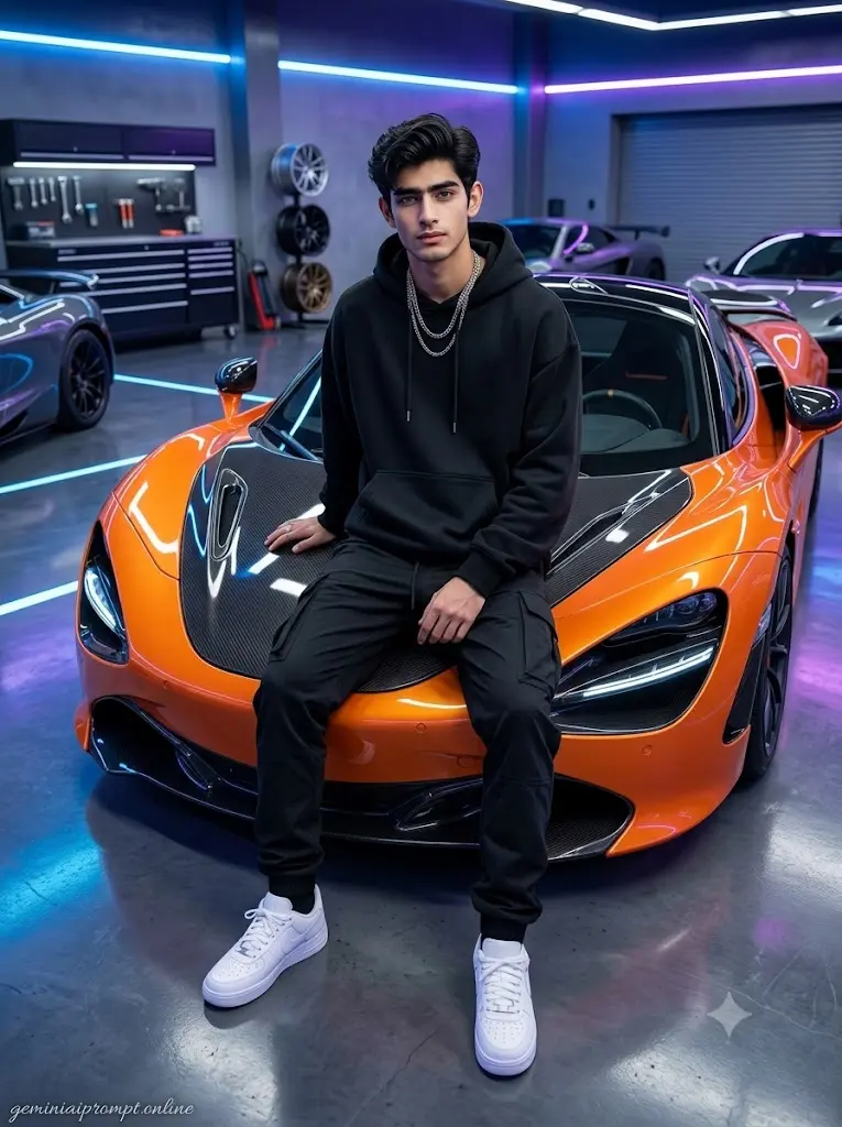 Luxury McLaren 765LT garage portrait of a stylish boy with futuristic LED lighting and premium supercar photography.