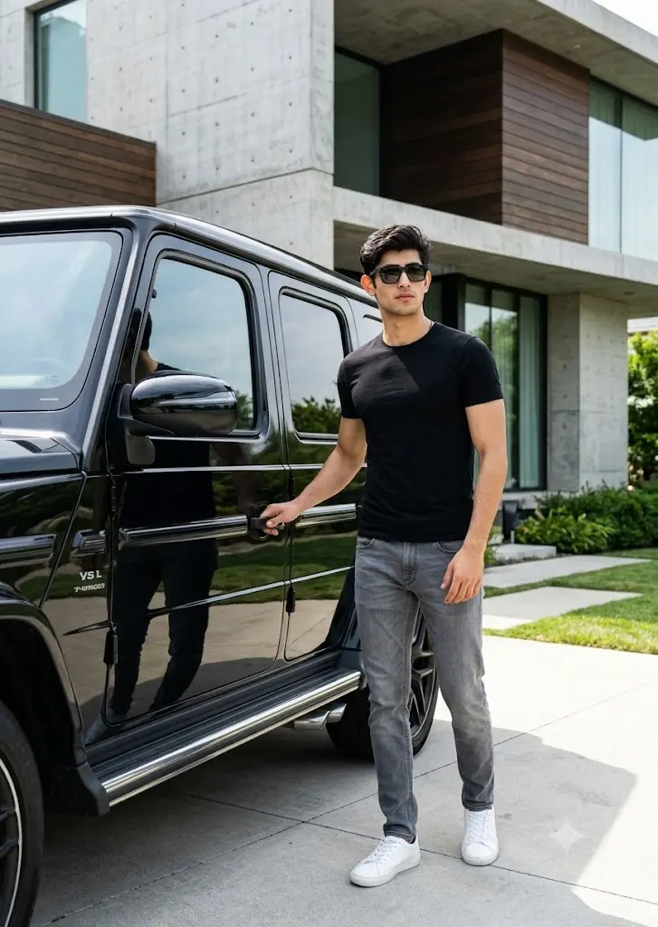 Mercedes-Benz G-Class Gemini AI portrait of a man standing beside a black G-Wagon outside a modern luxury home.