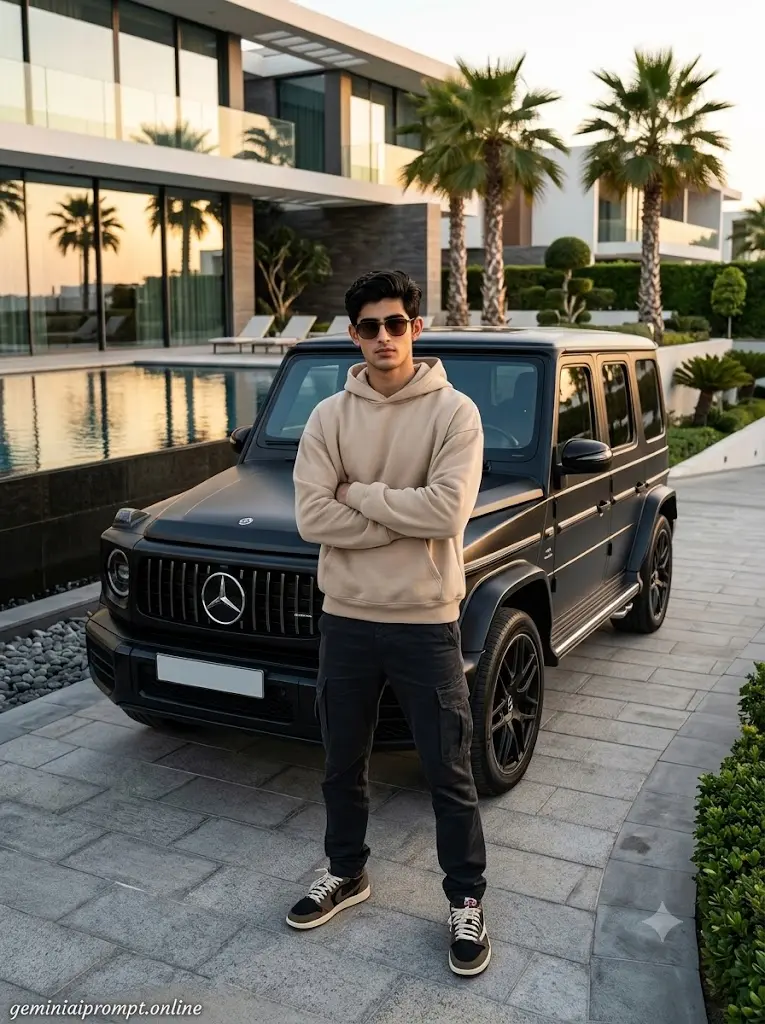 Premium Mercedes-AMG G63 lifestyle portrait of a boy outside a modern luxury mansion with billionaire aesthetic and evening lighting.