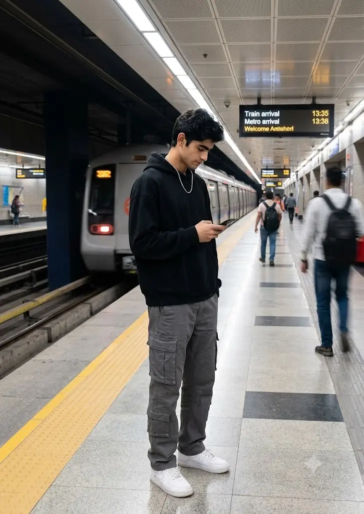 Realistic Gemini metro station portrait of a stylish boy waiting on a modern subway platform with natural lighting.