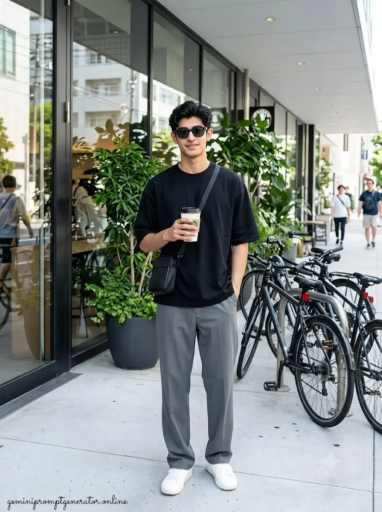 Minimal coffee shop street portrait of a stylish boy with sunglasses created using Gemini AI photo prompts