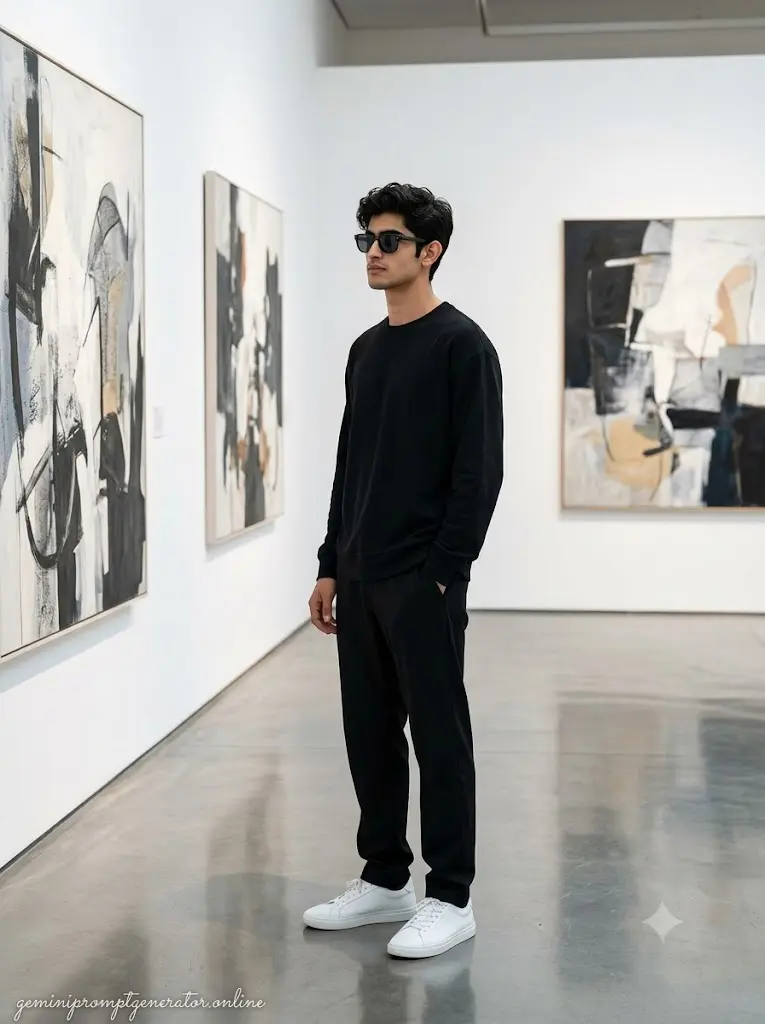 Modern art gallery Instagram portrait of a trendy boy wearing sunglasses created with a Gemini AI prompt