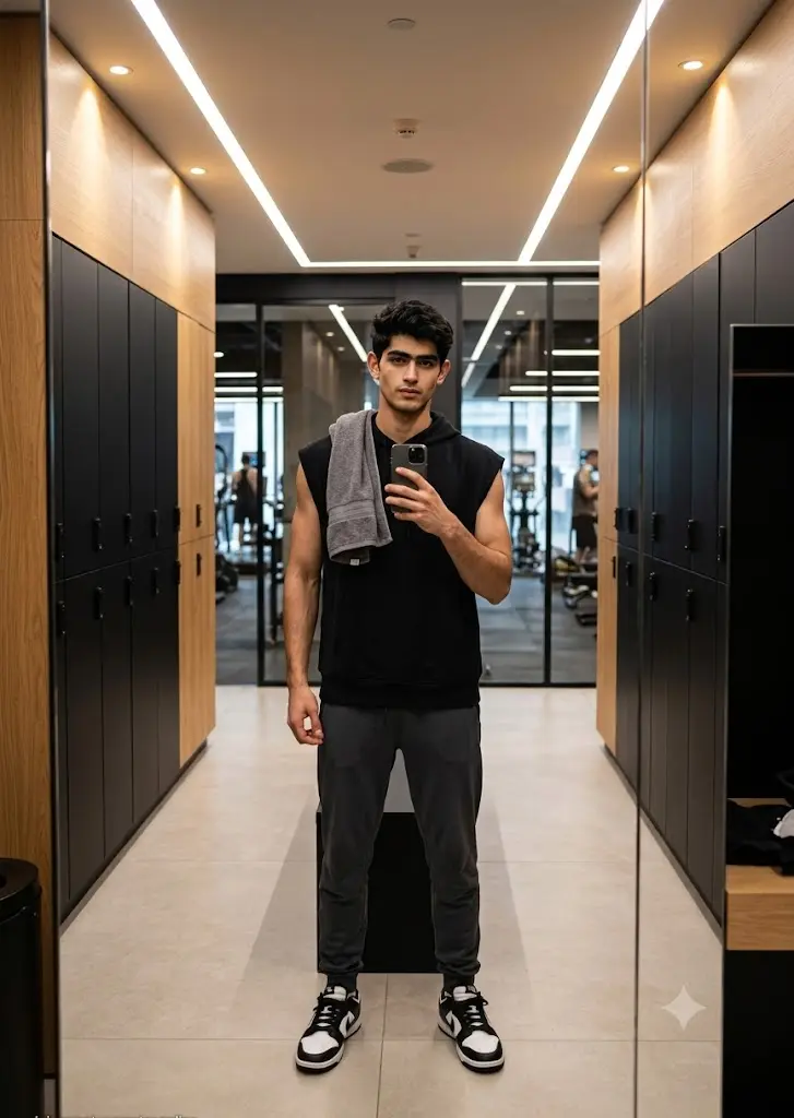 Modern gym locker room mirror selfie of a stylish boy in oversized fitness streetwear created with Gemini AI.