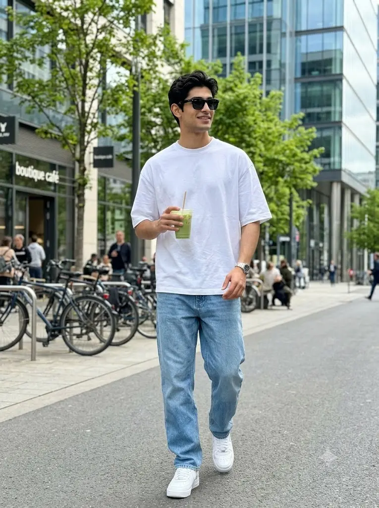 Realistic Instagram boy photo walking with an iced matcha drink in a modern city created using a Gemini AI prompt